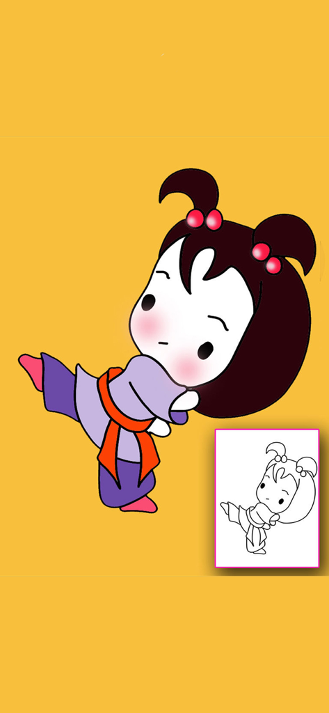 Bejoy Coloring: Sweet Doll - A cartoon doll character in a purple outfit performing a kick with a line art preview