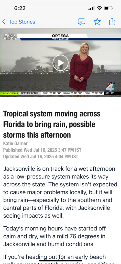 News4Jax app screen showing a local weather report about a tropical system moving across Florida.