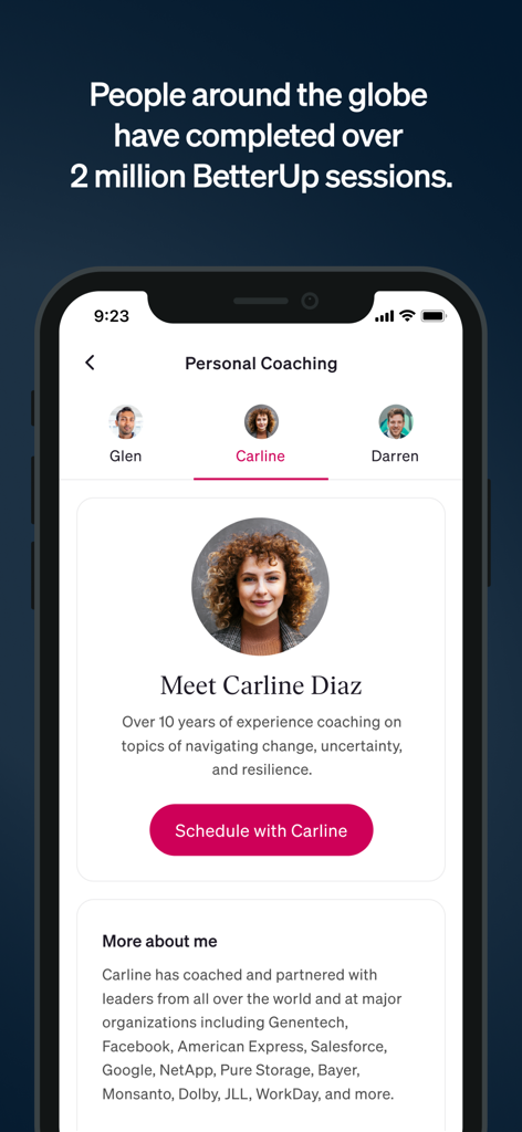 BetterUp app interface displaying a personal leadership coach profile and scheduling button