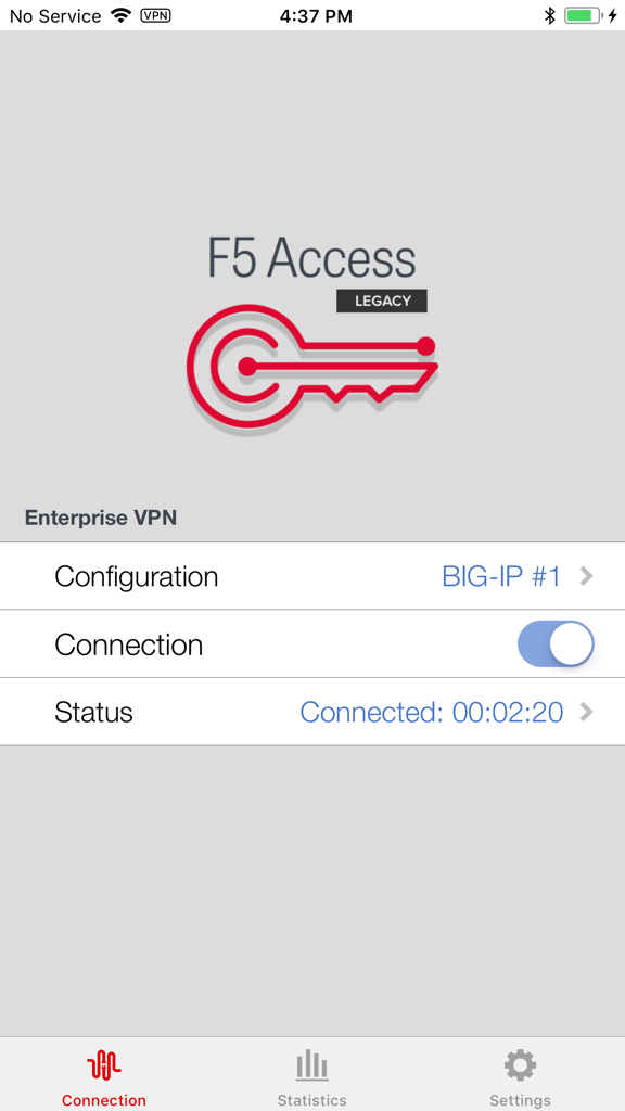 F5 Access Legacy - Interface of F5 Access Legacy app showing a connected enterprise VPN status with configuration details and a key icon logo.