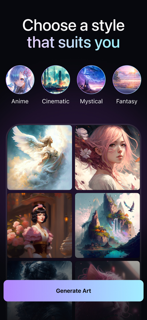 AI Art : Photo Video Generator - Pantalla de aplicación móvil que muestra varios estilos de arte de IA como Anime y Cinematográfico con ejemplos de arte generado.