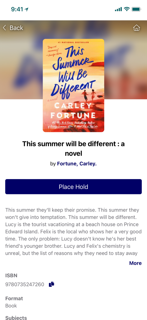 Milton Public Library - Book detail page in the Milton Public Library app with a Place Hold button