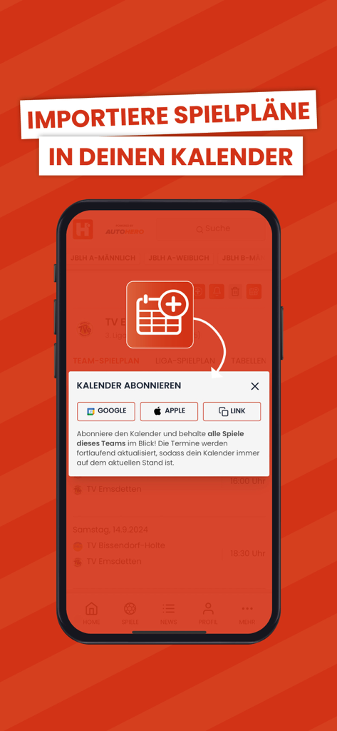 Handball.net - A mobile phone screen showing options to export handball game schedules to Google or Apple calendars.
