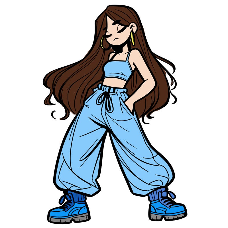 girl in baggy pants crop top and long hair