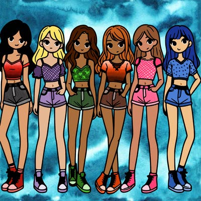 a group of girls wearing crop tops and shorts