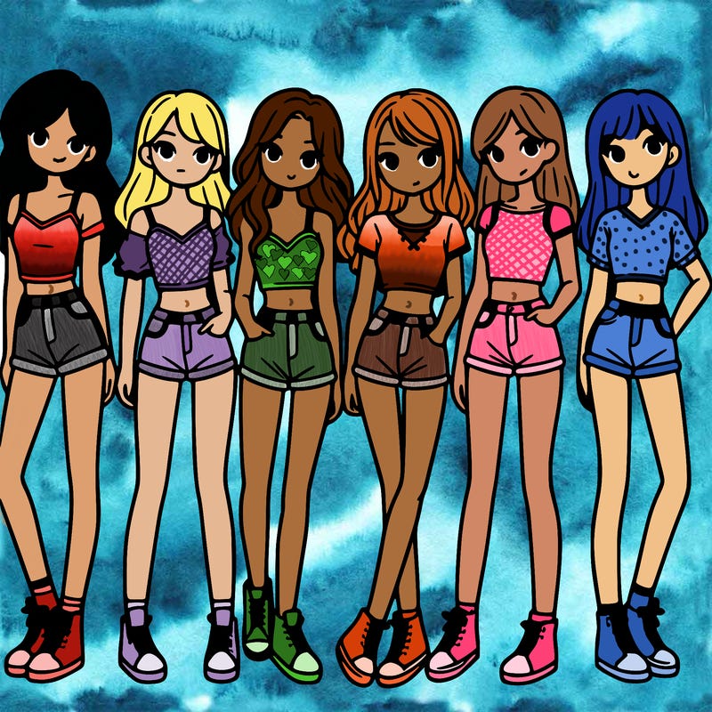 a group of girls wearing crop tops and shorts