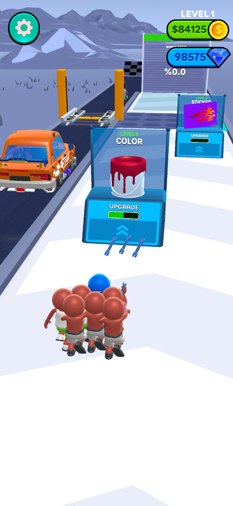 Driver's Journey - Captura de tela do jogo Driver's Journey mostrando portões de atualização de carros para cor e adesivos em uma pista de corrida.