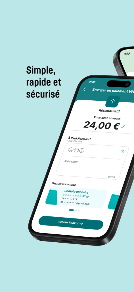 Interfaccia dell'app CIC Pay che mostra un riepilogo di un pagamento mobile di 24 Euro a un contatto