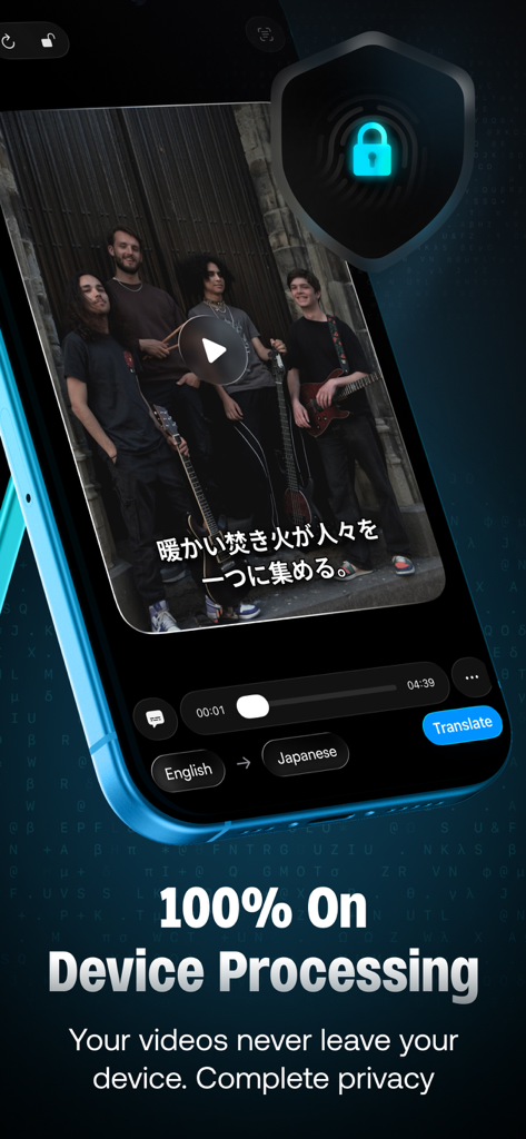 AutoSub - Video Translator - AutoSub app interface showing 100 percent on device processing for complete privacy during video translation