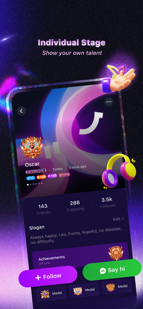 Xena - Group Voice Party - User profile screen on Xena social app showing follower counts and VIP status badges.