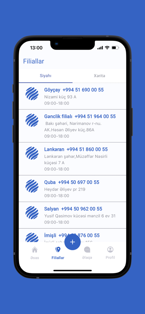 İnternational BOKT - International BOKT app screen displaying a list of branch locations with addresses and phone numbers.