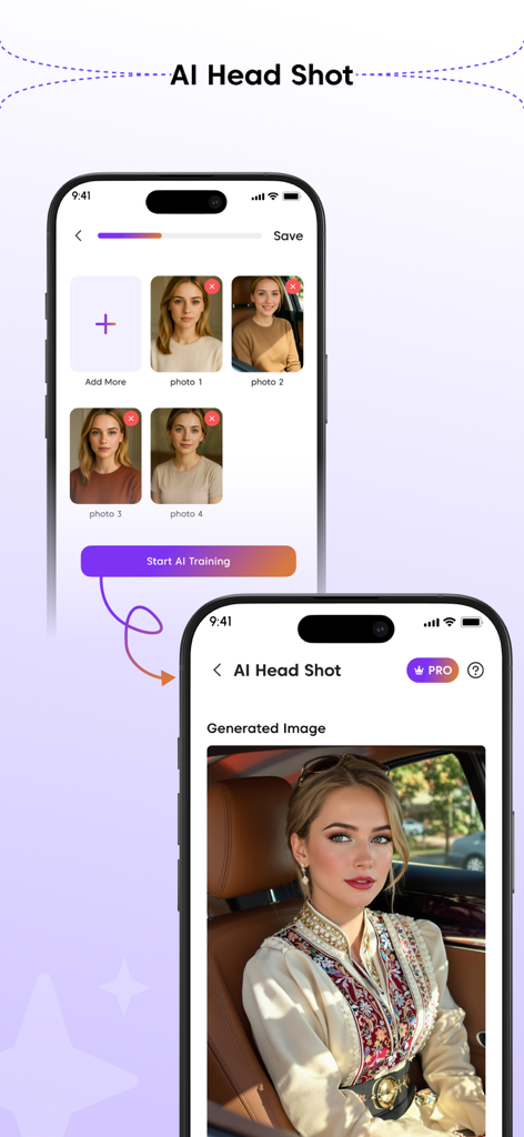 Voops AI:Image & Video Creator - Interfaz de la aplicación Voops AI que demuestra cómo crear retratos profesionales de IA a partir de fotos personales.