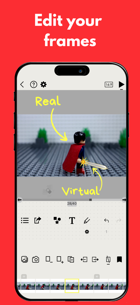 Animatives - stop motion maker - Smartphone screen showing the frame editing interface of the Animatives stop motion app