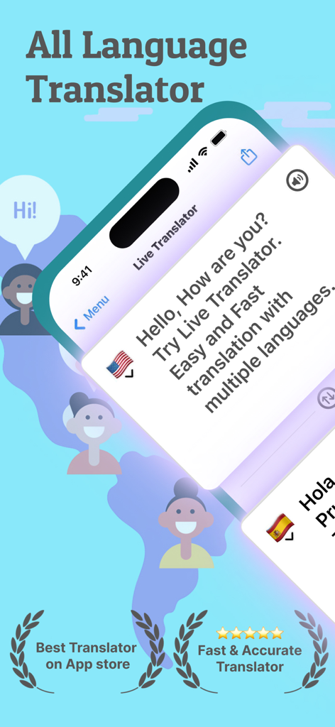 Interfaz de la aplicación Live Voice Translator mostrando una pantalla de traducción de inglés a español