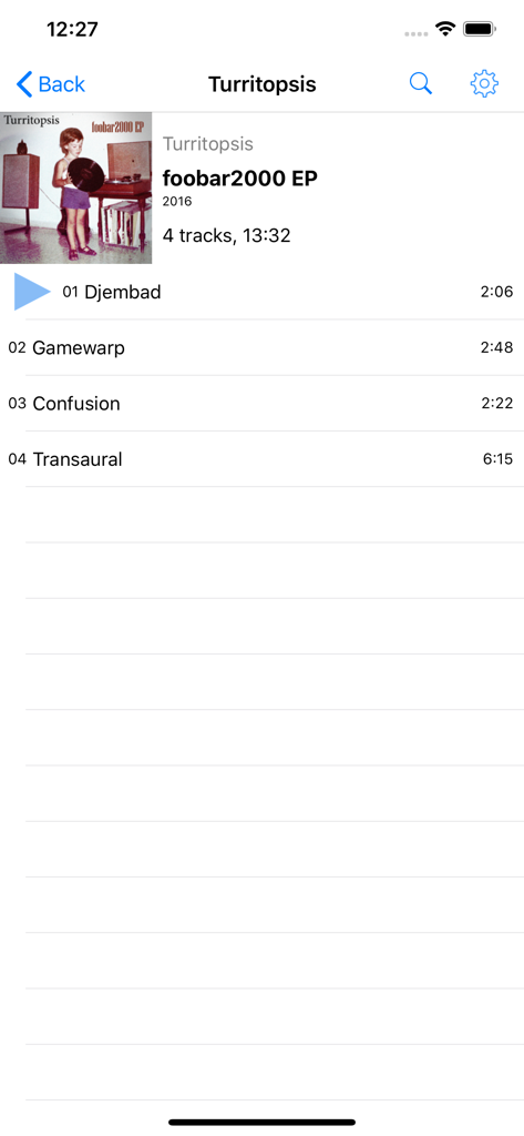 foobar2000 mobile app interface showing a music album tracklist with a minimalist design