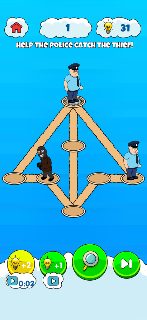 A logic puzzle level in IQ Boost 2 where the player must coordinate two police officers to catch a thief on a connected network.
