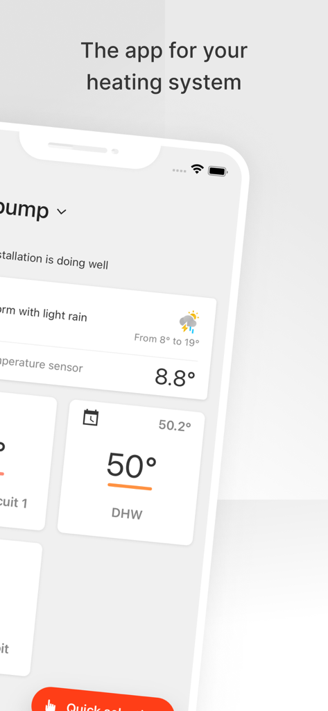 ViCare - ViCare app interface displaying home heating status and water temperature control