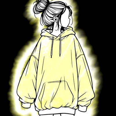 realistic girl with a oversized sweatshirt on and a bun