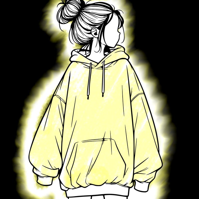 realistic girl with a oversized sweatshirt on and a bun