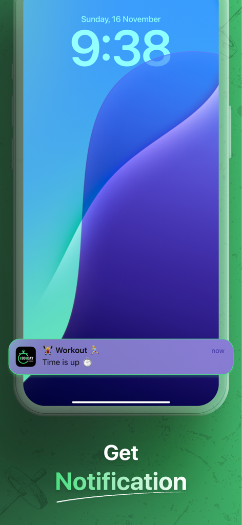 30 Day Workout - Home Fitness - Smartphone lock screen displaying a workout completion notification from the 30 Day Workout app