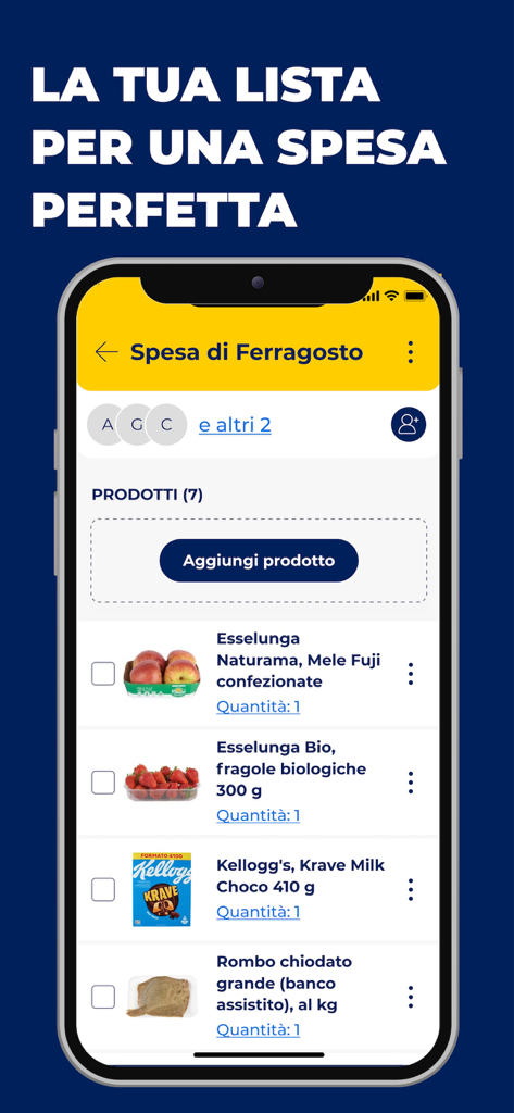 Esselunga mobile app interface showing a shared digital grocery shopping list with fresh produce and groceries