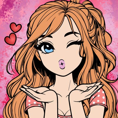 realistic girl winking and blowing a kiss while making heart hands