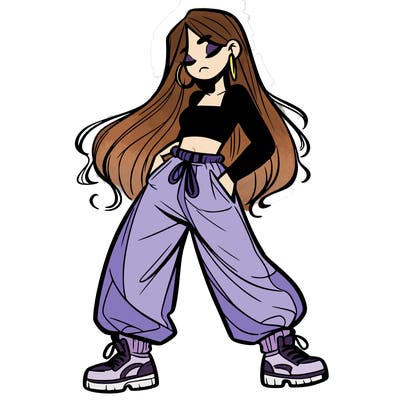 girl in baggy pants crop top and long hair