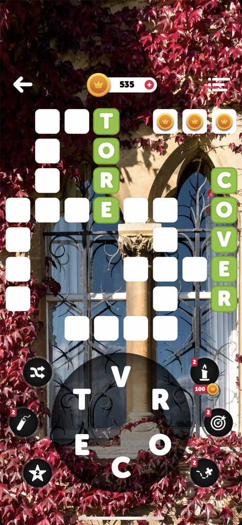 Words of the World! - Words of the World mobile app gameplay showing a crossword puzzle on a background of a window covered in red ivy.
