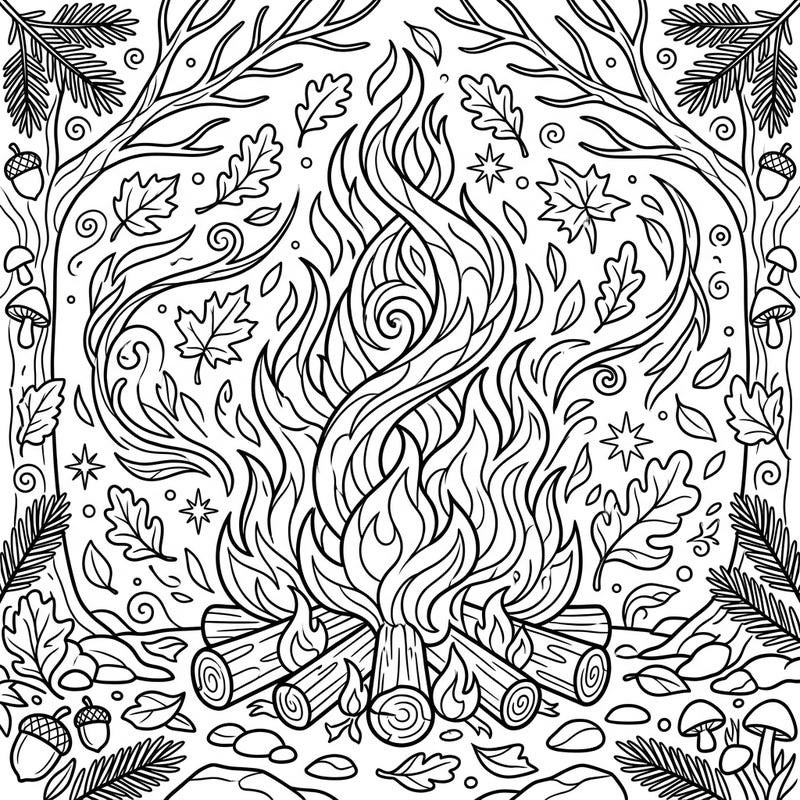 Embrace the magic of autumn with this intricate coloring page featuring a roaring campfire at its heart. Surrounded by classic fall foliage and woodland elements, it’s a perfect escape for cozy creative moments.