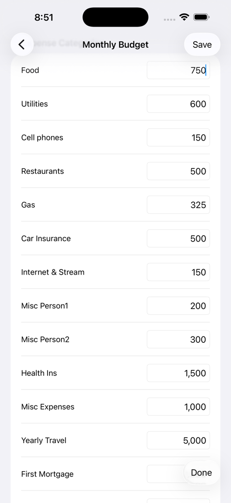 RetireSmart — Retire Planner - Monthly budget setup screen in RetireSmart app showing various expense categories like food utilities and health insurance