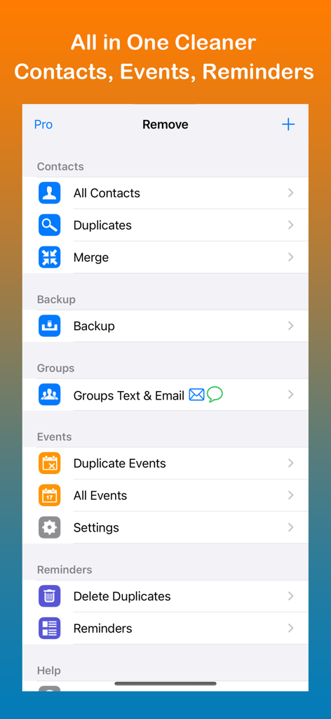 Remove Duplicate Contacts + - Interfaz principal de la aplicación Eliminar Duplicados de Contactos mostrando herramientas de limpieza para contactos, eventos y recordatorios