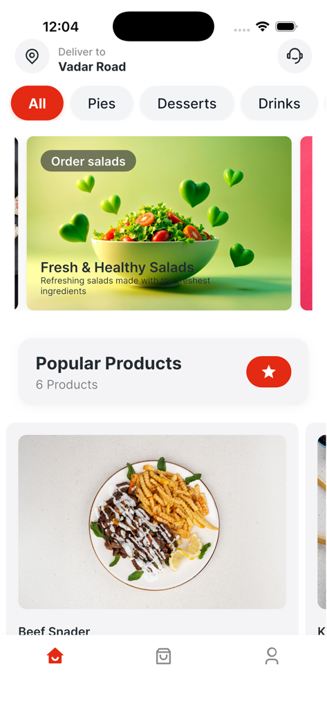 Fama Restaurant - Fama Restaurant mobile app interface showing food categories and a featured fresh salad banner