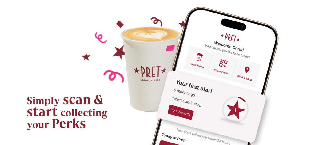 Pret A Manger app interface showing loyalty stars and a barista made coffee cup