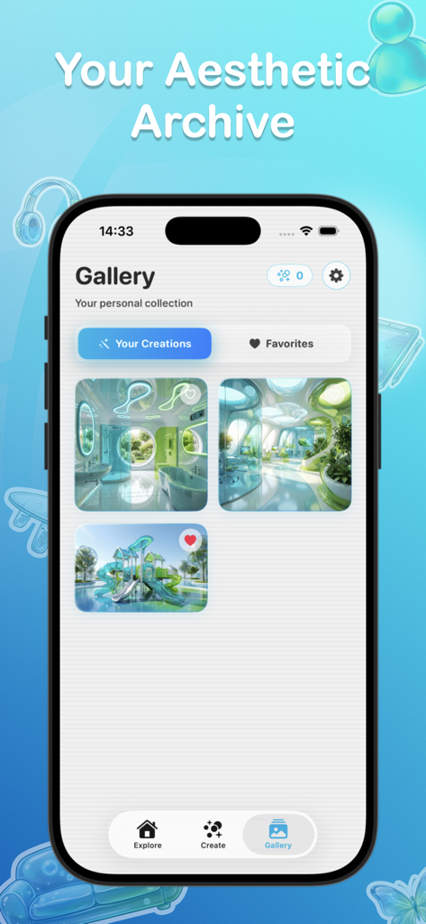 Aesthify: Frutiger Aero AI Art - Gallery screen of Aesthify app displaying Frutiger Aero AI generated images