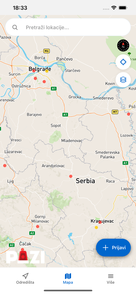 Pazi app map view showing real time police patrol and radar alerts in Serbia