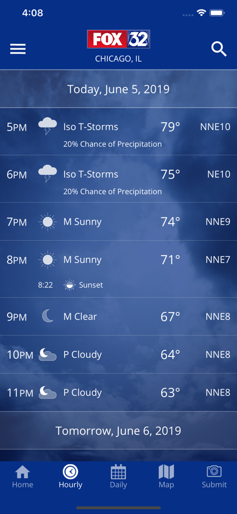 FOX 32: Chicago Local Weather - シカゴの時間ごとの天気予報インターフェース。気温と嵐の予測が表示されています。