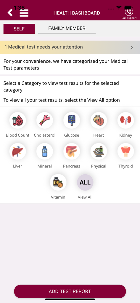 MAMATA Healthcare - Tableau de bord de l'application MAMATA Healthcare montrant les catégories pour les résultats des tests médicaux, y compris le bilan sanguin, la glycémie et le cholestérol