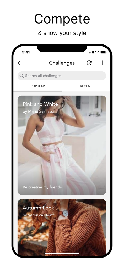 Interface do aplicativo Combyne exibindo desafios populares de looks de moda para competição do usuário