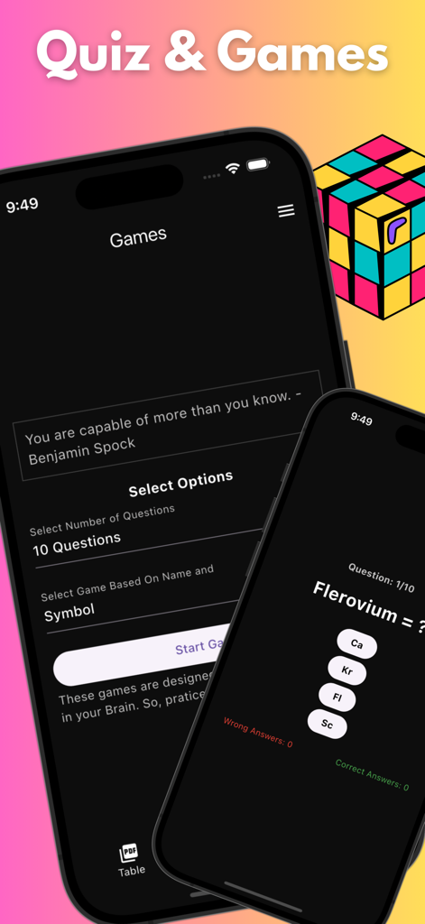 Interfaz de una aplicación educativa de química que muestra preguntas de cuestionarios de símbolos de elementos y opciones de juego