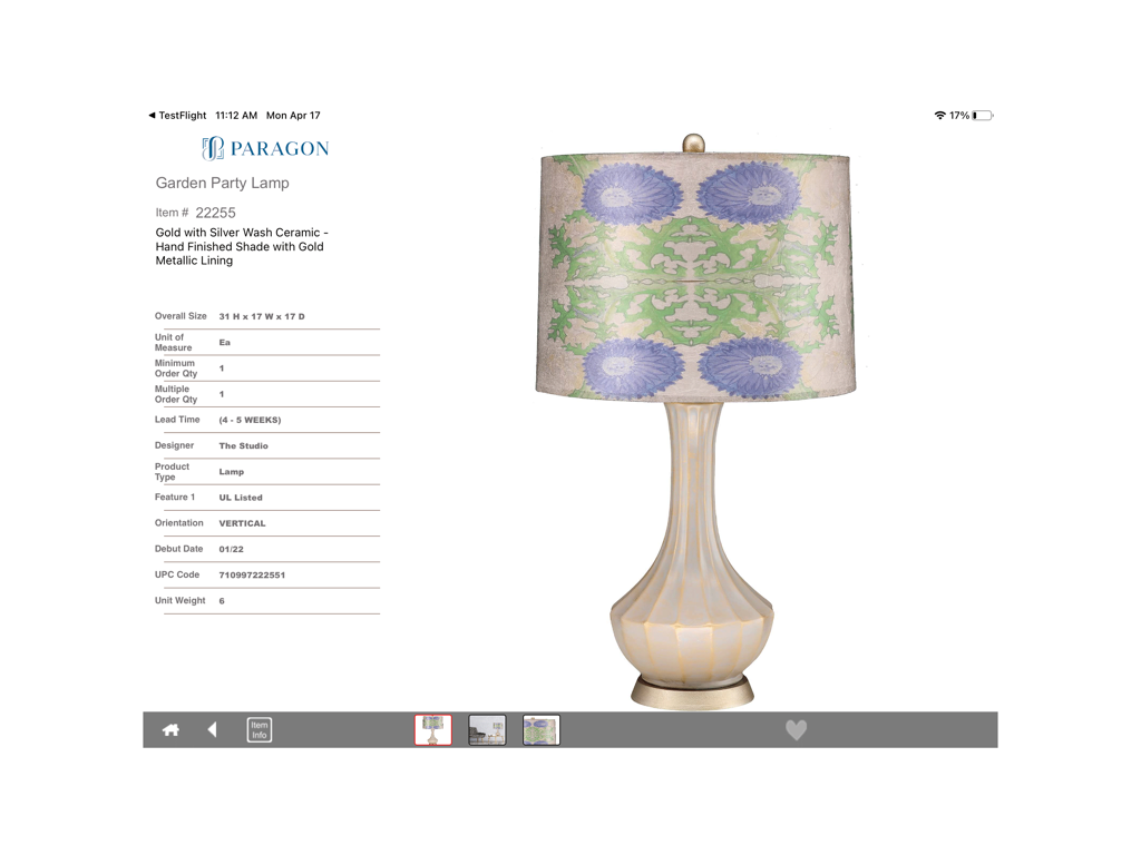 Paragon PG - Página de detalle del producto para la Lámpara Garden Party en la aplicación iPad Paragon PG, que presenta una base de cerámica y una pantalla con estampado floral, junto con las especificaciones.