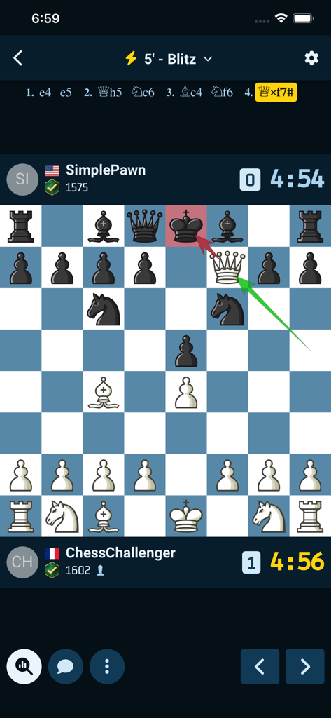SimpleChess - chess game - Una captura de pantalla del juego de la aplicación SimpleChess que muestra un jaque mate durante una partida blitz de 5 minutos.