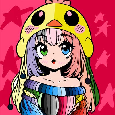 anime girl with chick shaped hat with sweater with bare shoulders with bangs covering them one eye with low tail