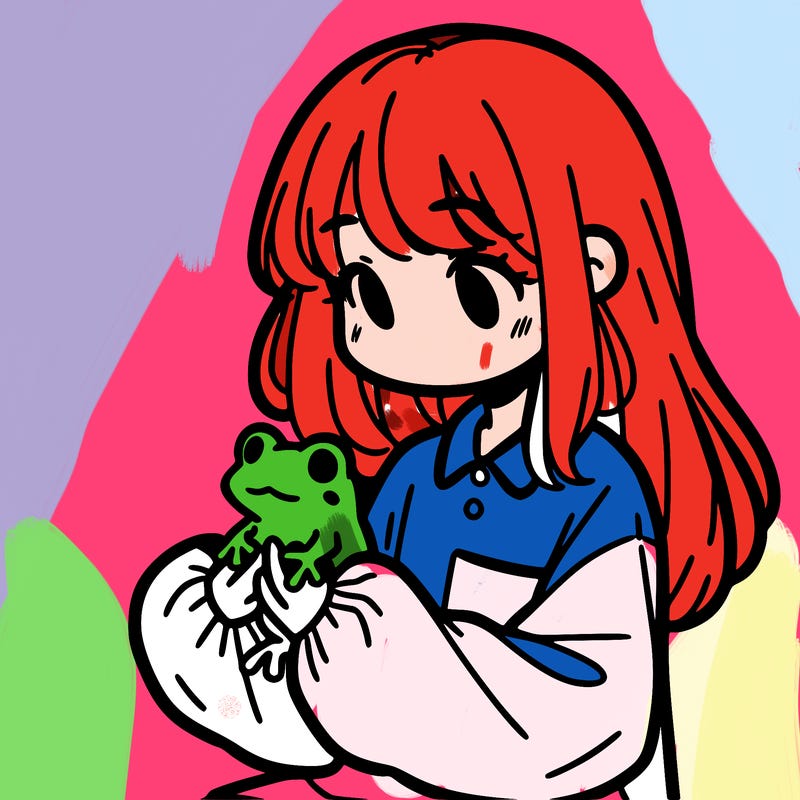 girl with long hair and a oversized shirt. and she is holding a frog