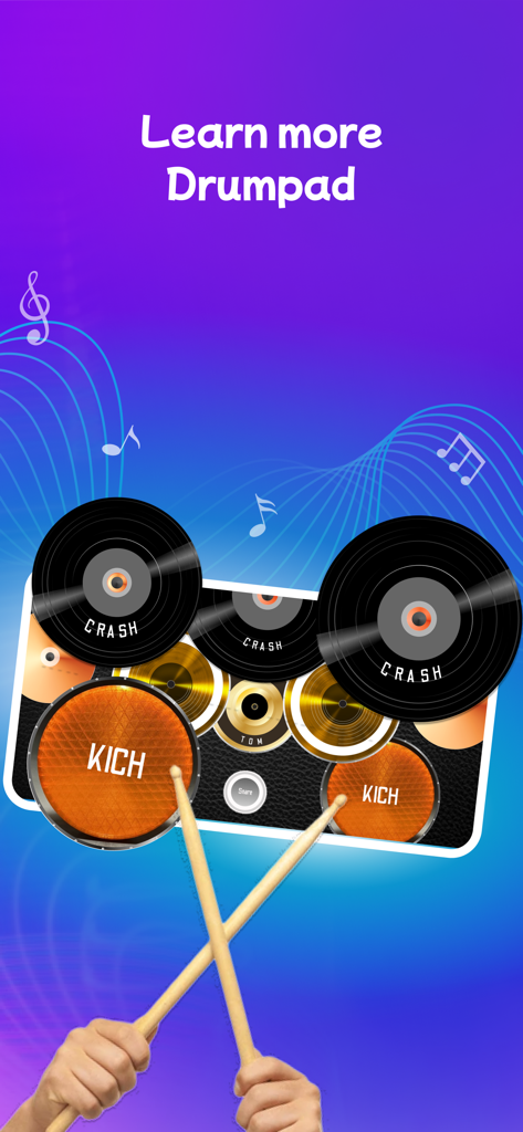 Um smartphone exibindo uma interface de bateria virtual sendo tocada com baquetas