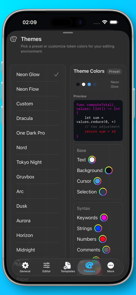 Neon Vision Editor - Interfaz para seleccionar temas de color y personalizar el resaltado de sintaxis en la aplicación Neon Vision Editor.