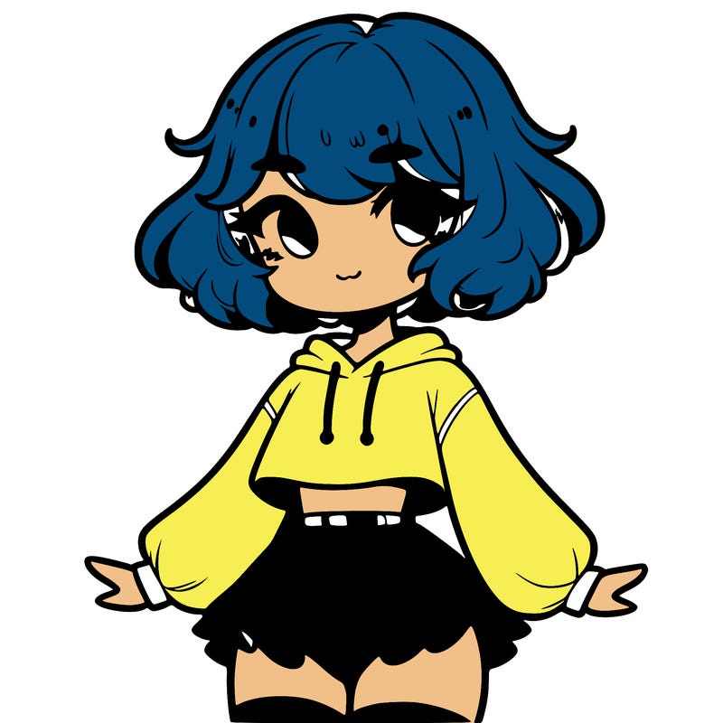 cute femboy with short, fluffy hair that softly frames their face, wearing a cropped hoodie, paired with a flouncy short skirt, and thigh-high stockings