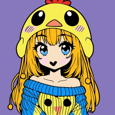 anime girl with chick shaped hat with sweater with bare shoulders with bangs covering them one eye with low tail