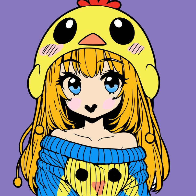 anime girl with chick shaped hat with sweater with bare shoulders with bangs covering them one eye with low tail