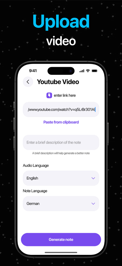 Pantalla de la aplicación Fathom que muestra cómo generar notas de IA a partir de un enlace de video de YouTube.