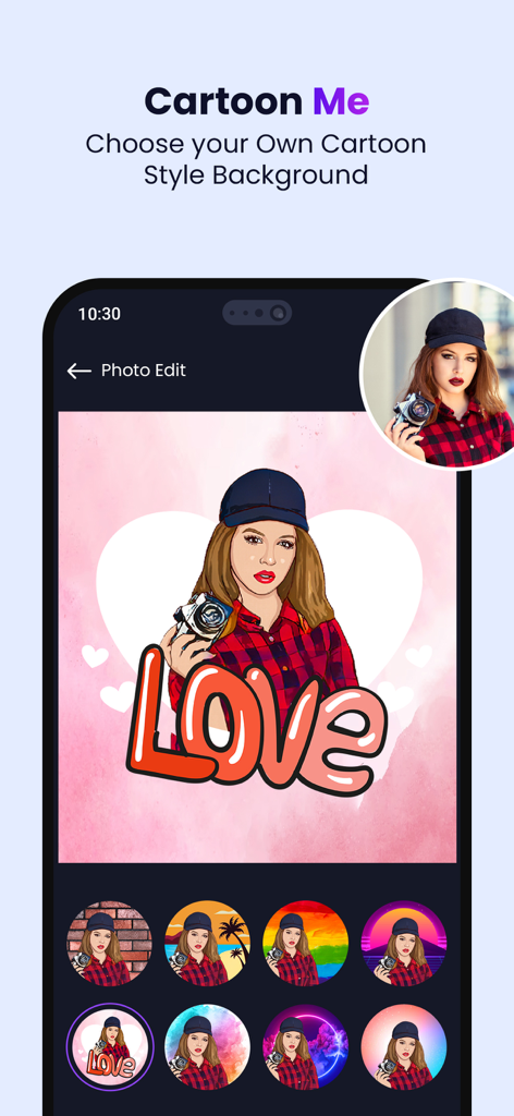 Interface de l'application CartoonMe montrant un portrait cartoonisé avec diverses options de style d'arrière-plan